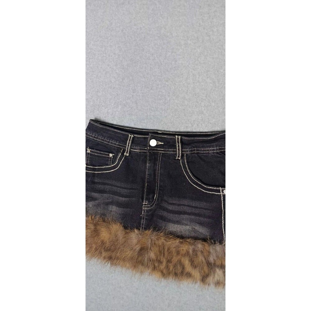 Romwe Kawaii Y2K Gyaru Faux Fur Denim Mini Skirt S Retro Bratz Mall Goth Grunge - Picture 2 of 14